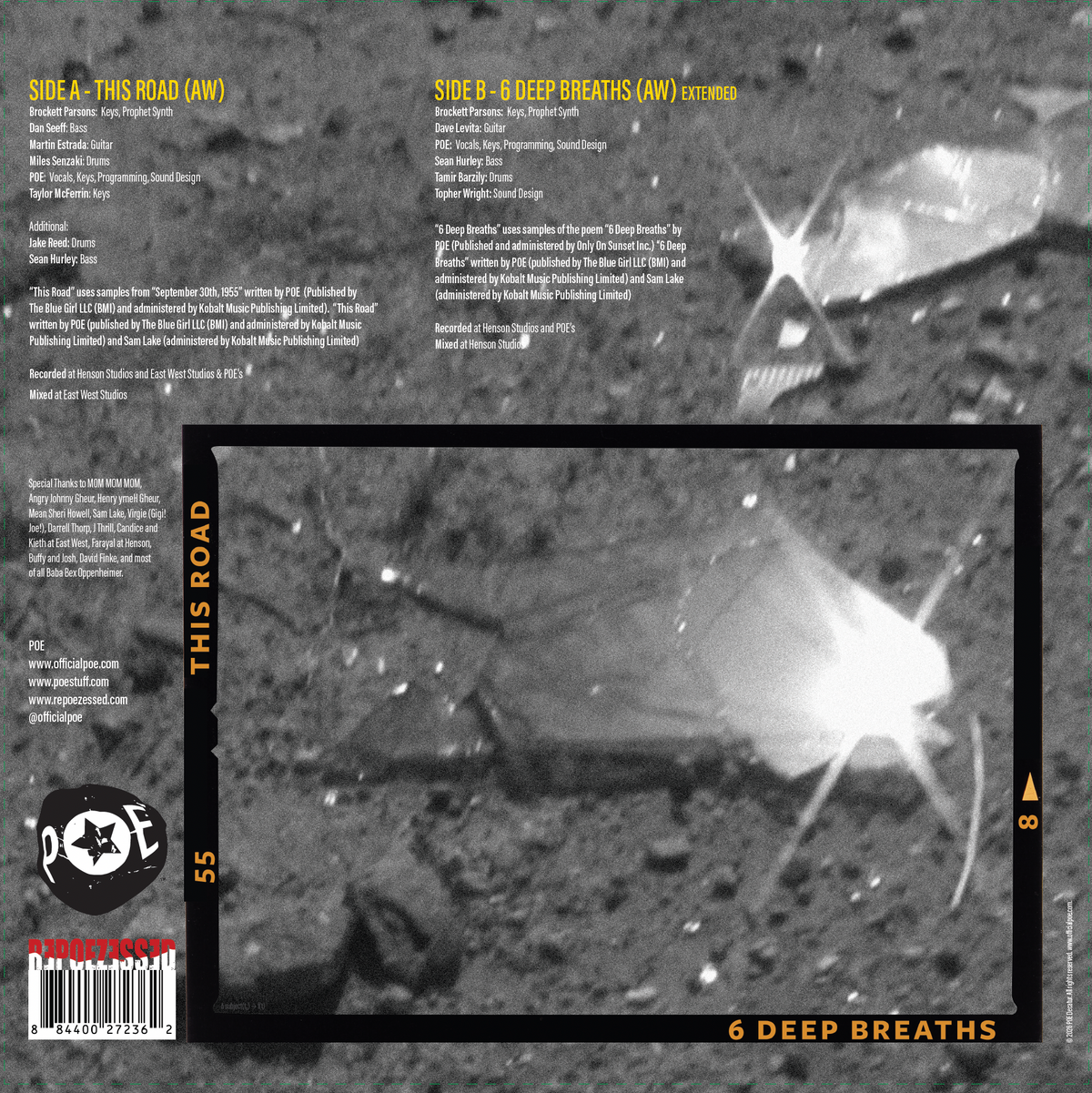 Vinyl back cover liner notes showing the This Road and 6 Deep Breaths credits